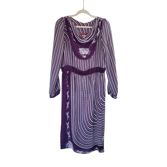 Vintage 70s Twin Girl of Hollywood Striped Cheetah Fun Purple Midi Dress, Medium - Picture 1 of 16